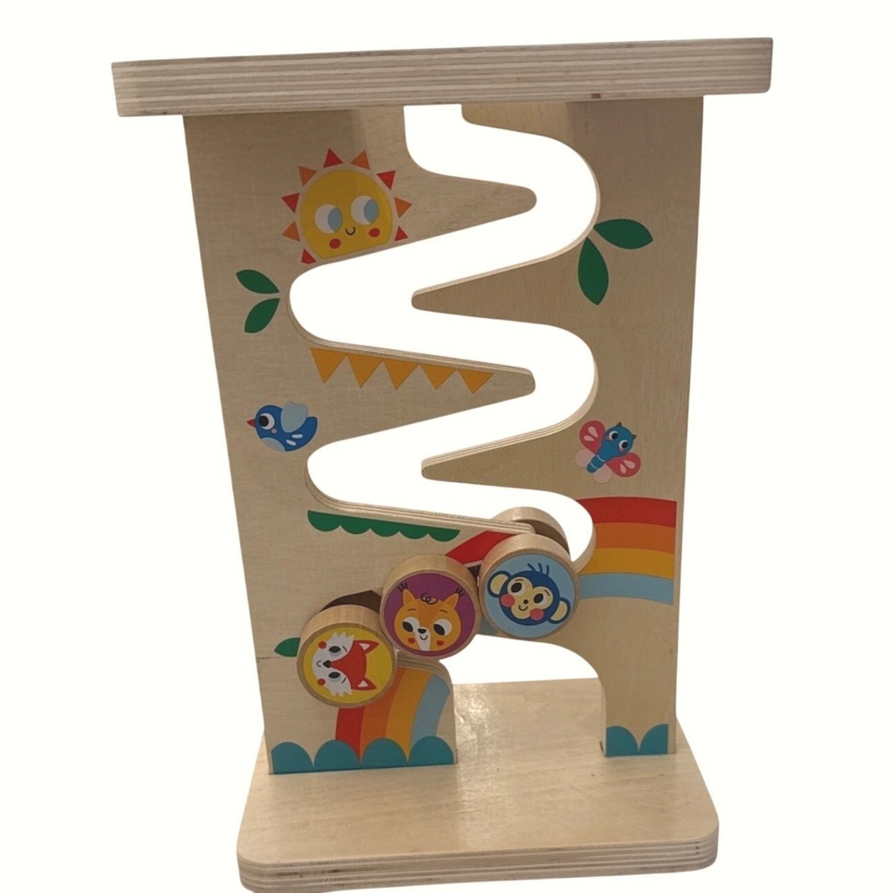 Wooden Animal Learning Toy Rolling Disc Zig Zag Track Gravity Toddler Toy